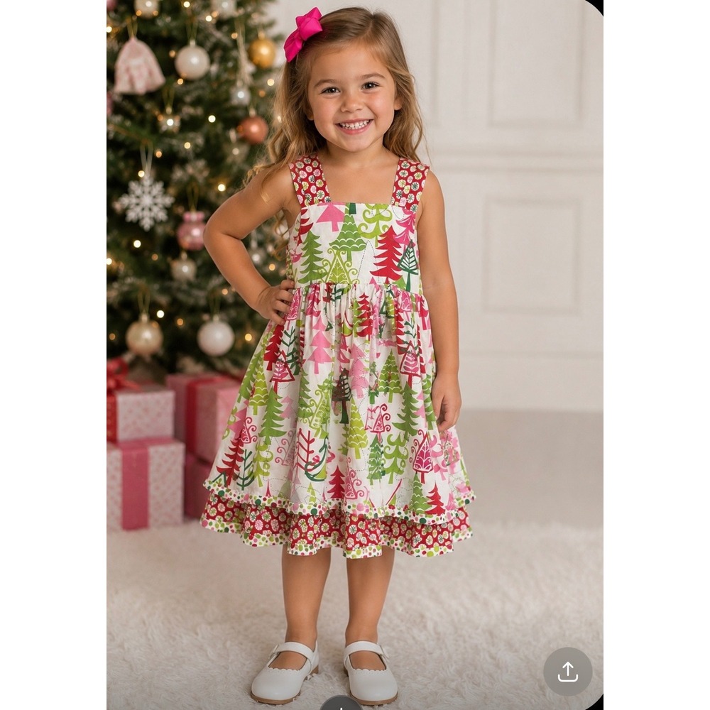 Jelly the Pug‎ Girls Christmas Tree Dress Size 5 Pink Green Red Cotton Holiday